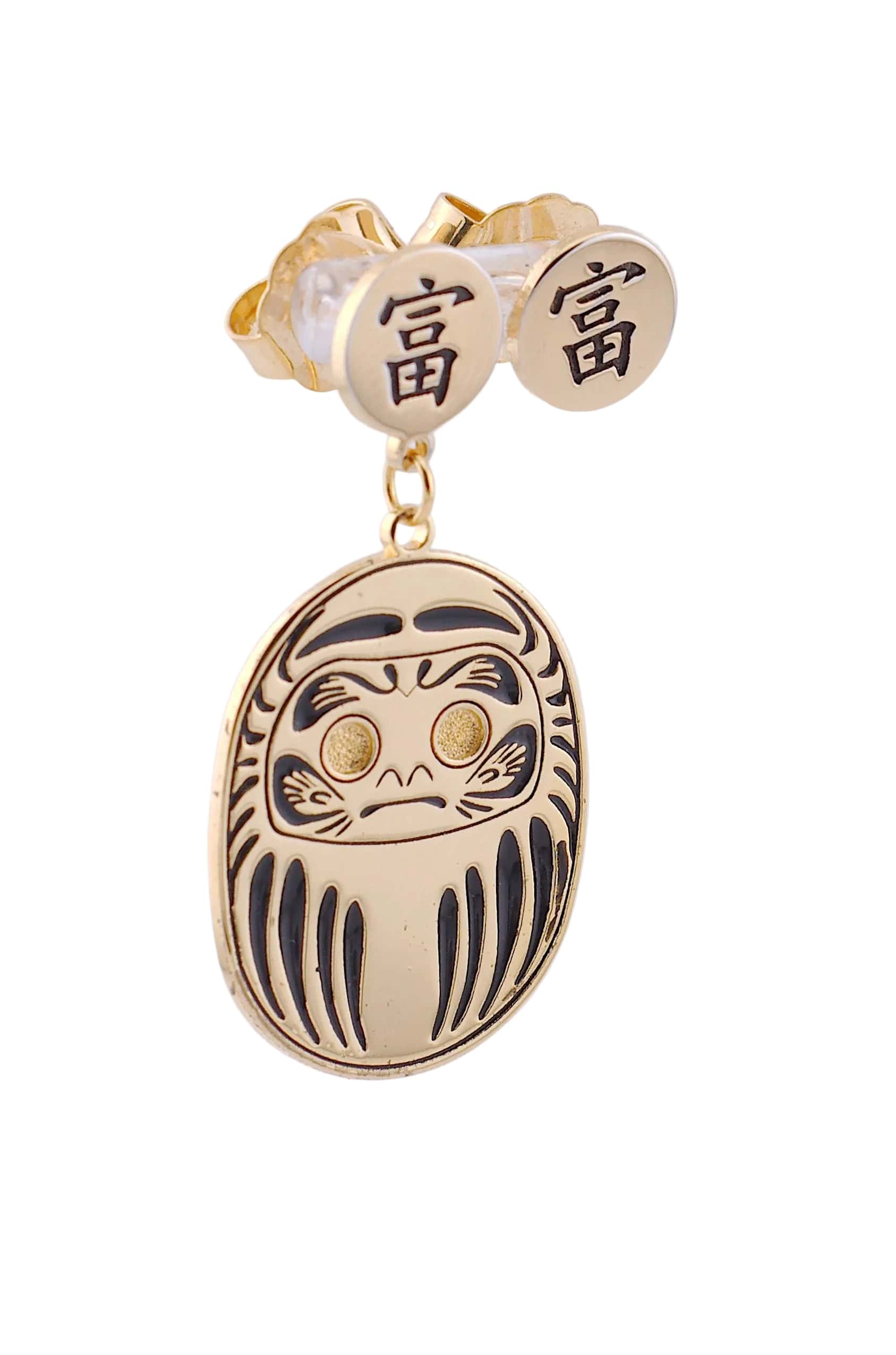 Orecchino Daruma Oro – tappalobo con simbolo kanji ricchezza, collezione Daruma, Nuage d'Etoiles