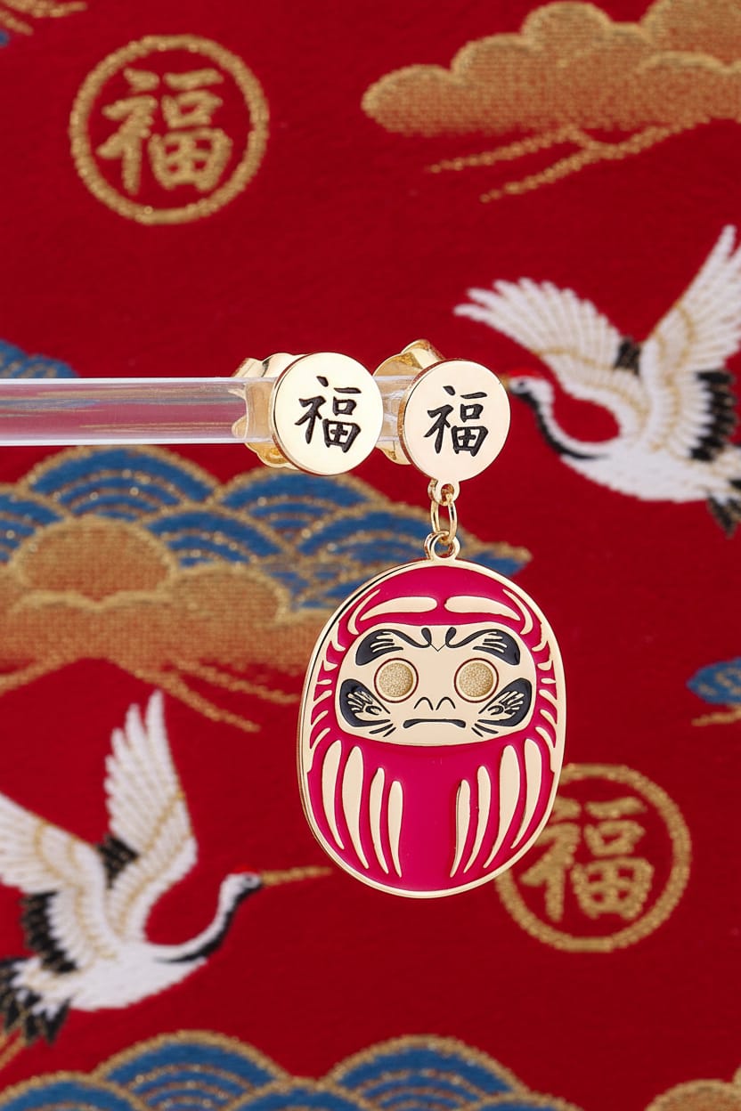 Orecchino Daruma Rosso – fortuna e buona sorte, dettaglio ciondolo, collezione Daruma, Nuage d'Etoiles