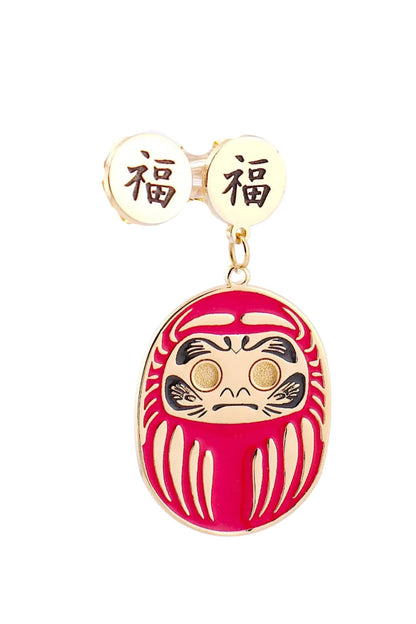Orecchino Daruma Rosso – tappalobo con simbolo kanji fortuna,vista frontale, collezione Daruma, Nuage d'Etoiles