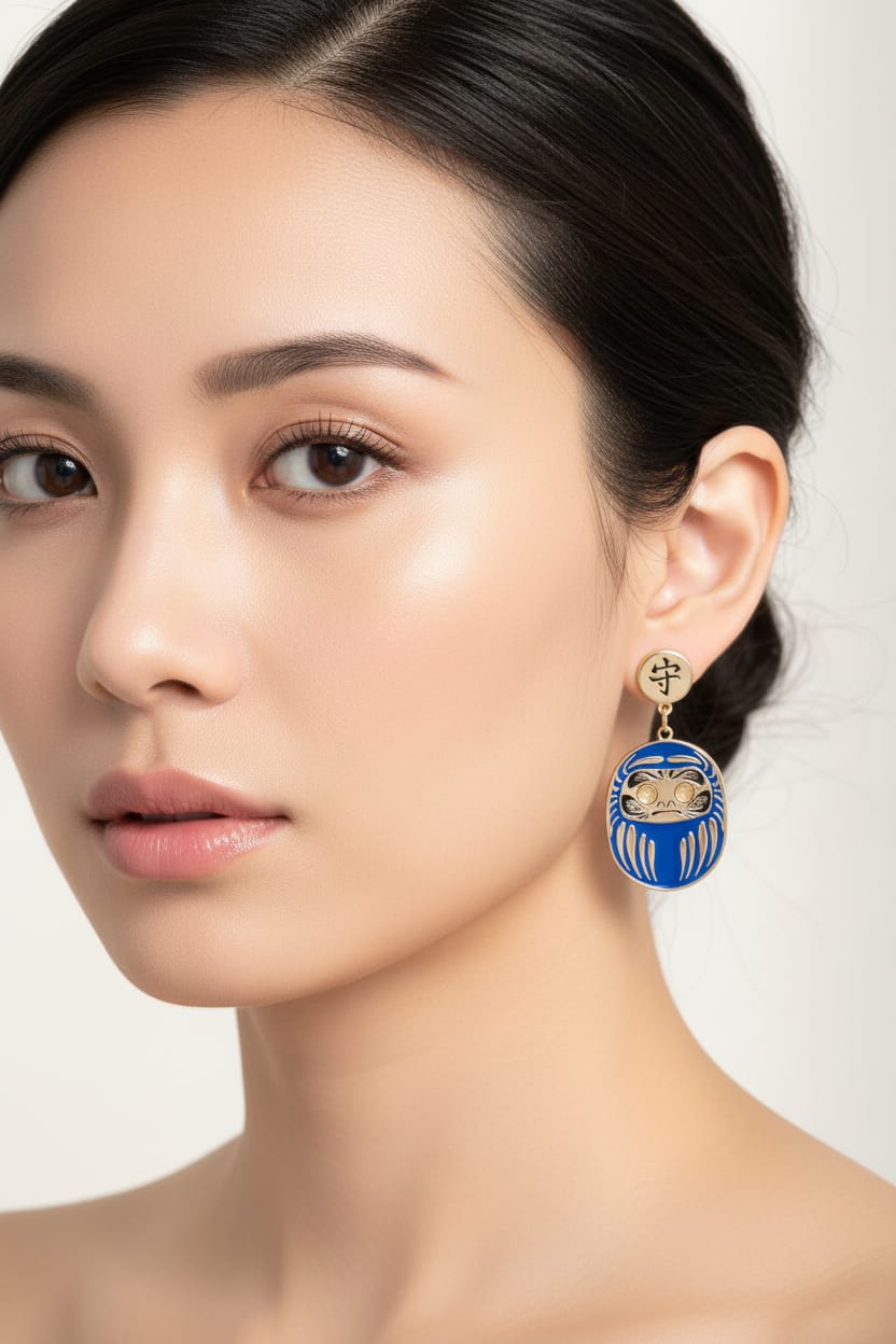 Orecchino Daruma Blu – tappalobo con simbolo kanji protezione, indossato, collezione Daruma, Nuage d'Etoiles