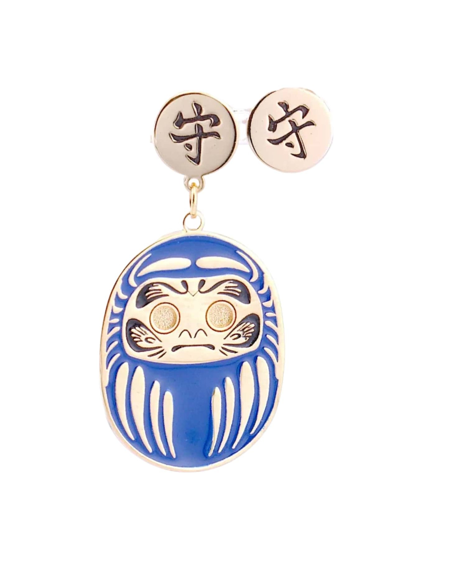 Orecchino Daruma Blu – tappalobo con simbolo kanji protezione, collezione Daruma, Nuage d'Etoiles