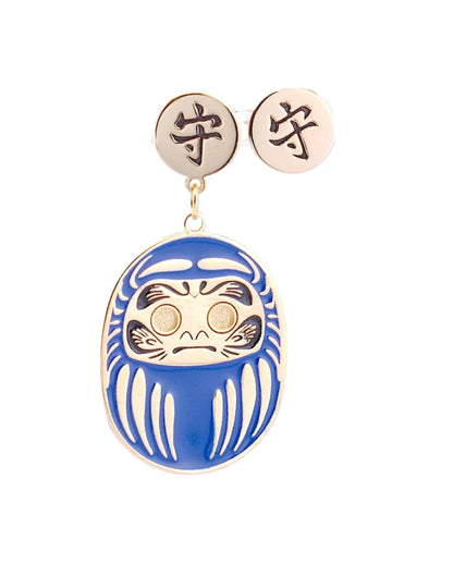 Orecchino Daruma Blu – tappalobo con simbolo kanji protezione, collezione Daruma, Nuage d'Etoiles