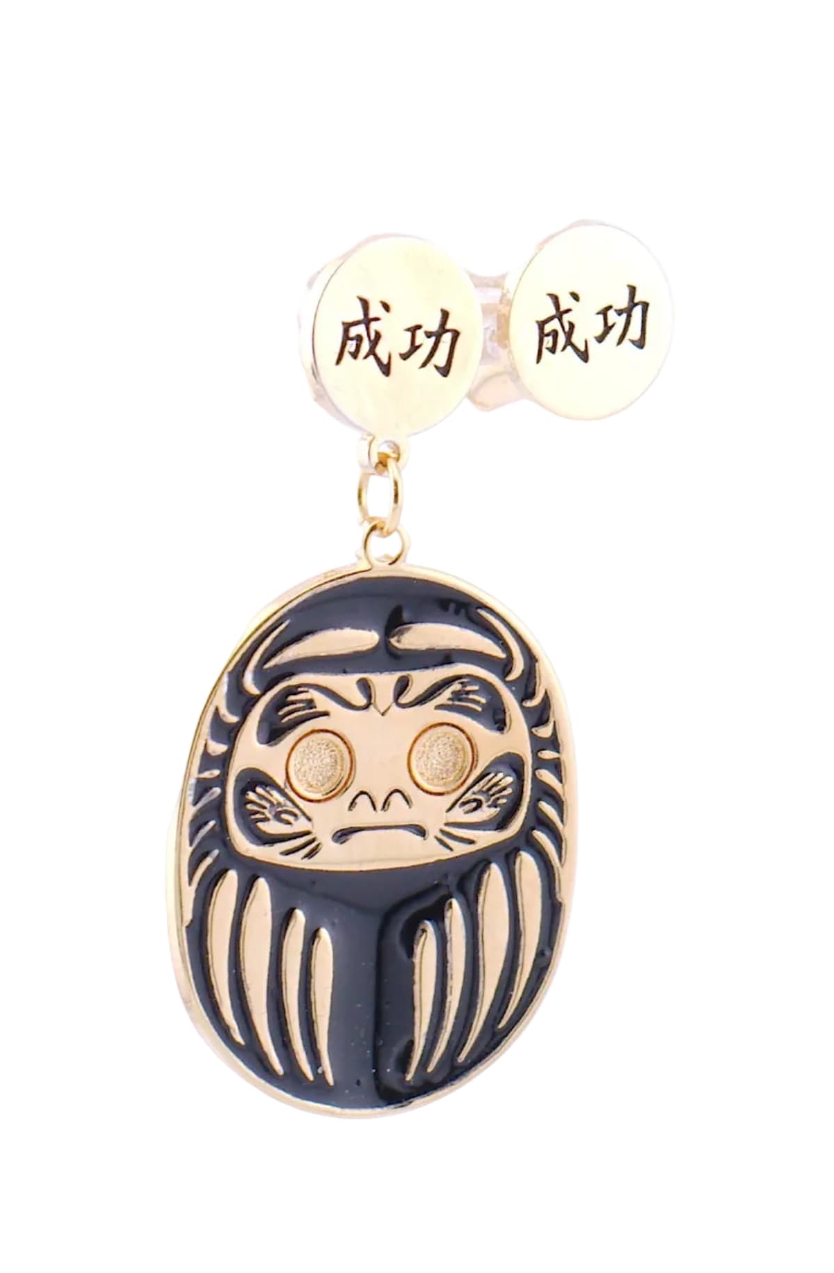 Orecchino Daruma Nero – tappalobo con simbolo kanji successo, collezione Daruma, Nuage d'Etoiles