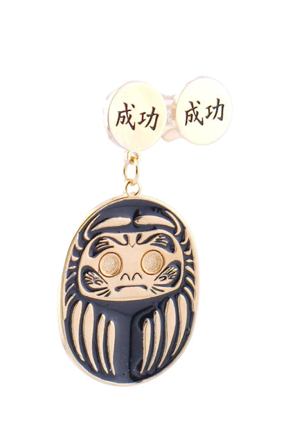 Orecchino Daruma Nero – tappalobo con simbolo kanji successo, collezione Daruma, Nuage d'Etoiles
