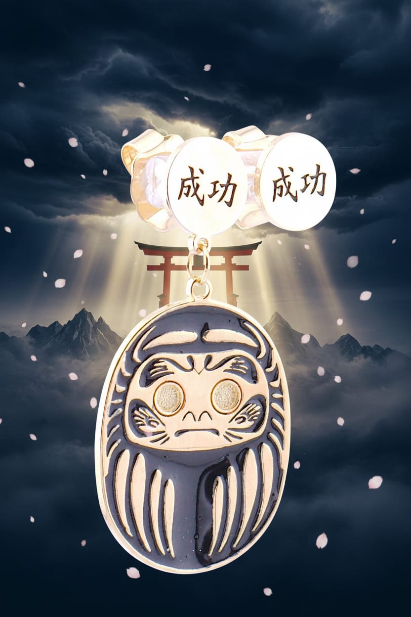 Orecchino Daruma Nero – successo e forza contro le avversità, vista frontale, collezione Daruma, Nuage d'Etoiles