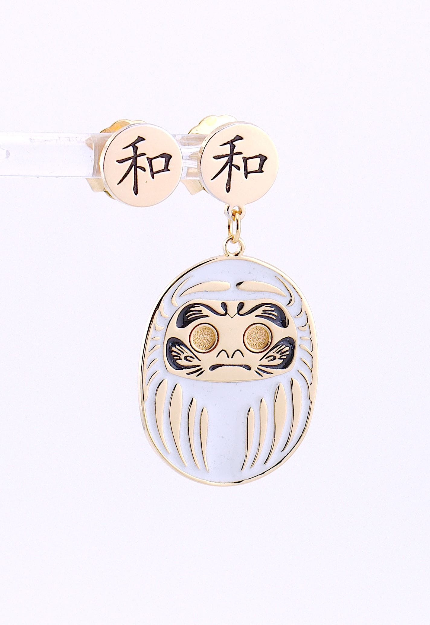 Orecchino Daruma Bianco – tappalobo con simbolo kanji armonia, collezione Daruma, Nuage d'Etoiles