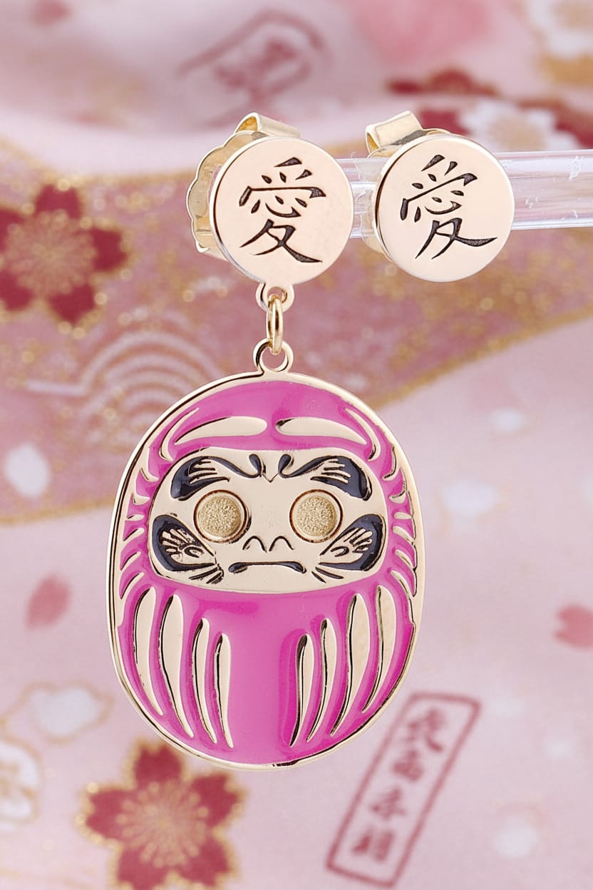 Orecchino Daruma Rosa – amore e relazioni, vista frontale, collezione Daruma, Nuage d'Etoiles