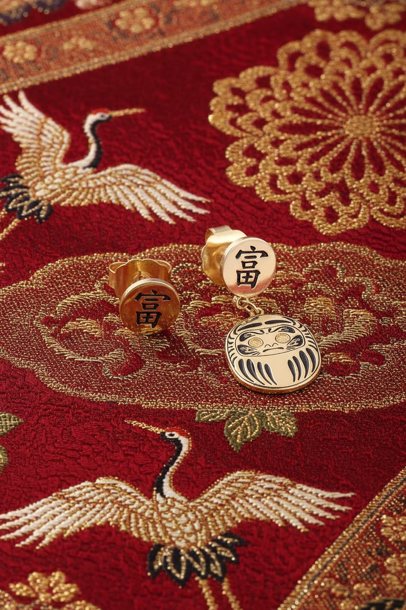 Orecchino Mini Daruma Oro – ricchezza e prosperità, vista frontale, collezione Daruma, Nuage d'Etoiles