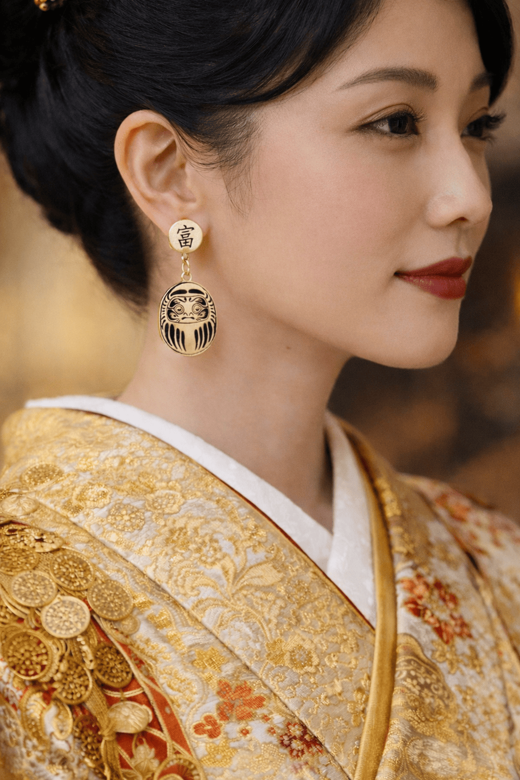 Orecchino Daruma Oro – portafortuna giapponese indossato, collezione Daruma, Nuage d'Etoiles