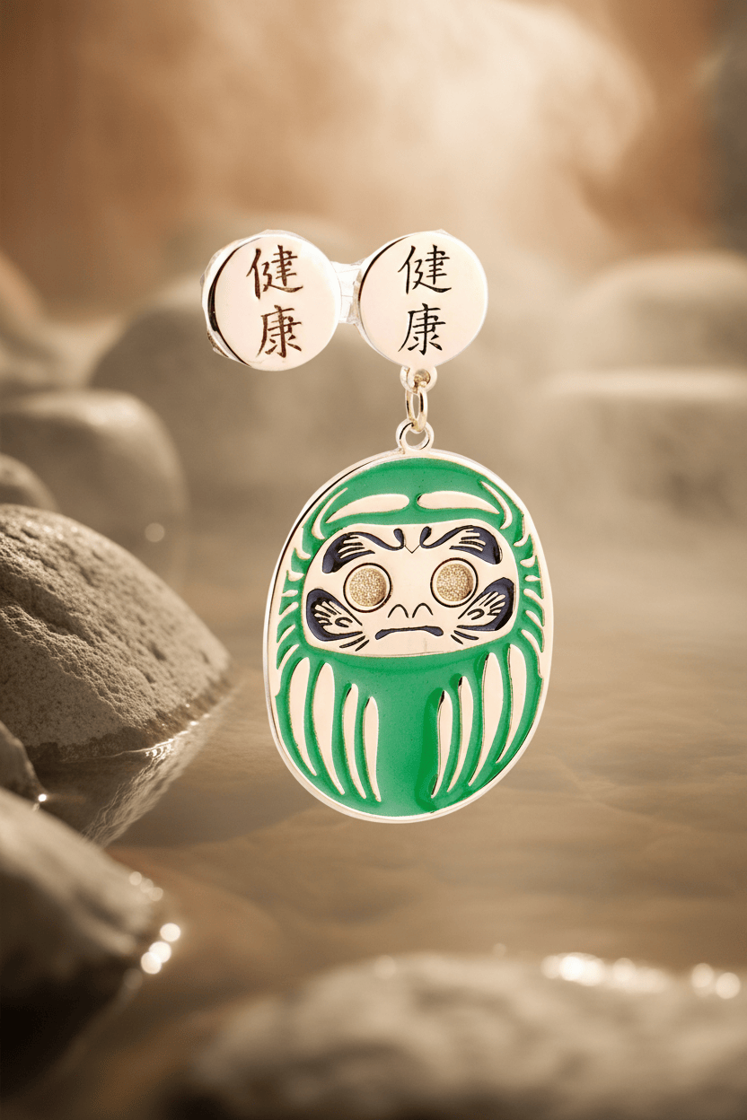 Orecchino Daruma Verde – salute e benessere, vista frontale, collezione Daruma, Nuage d'Etoiles