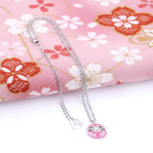 Collana Uomo Mini Daruma Rosa in rodio e acciaio simbolo di amore relazioni e creatività stile minimal 50 cm uomo