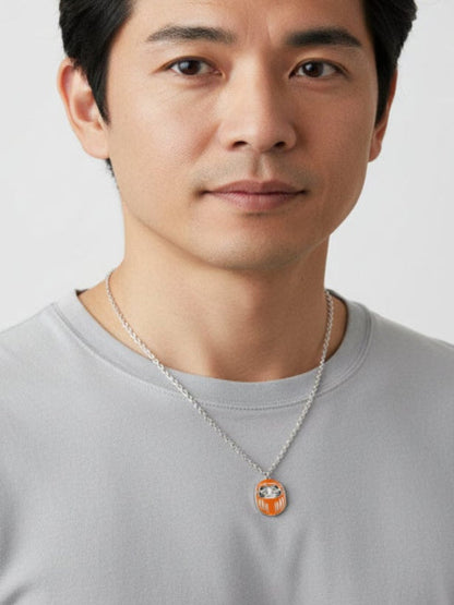 Collana Uomo Mini Daruma Arancione in rodio con catena acciaio simbolo di famiglia e creatività 50 cm
