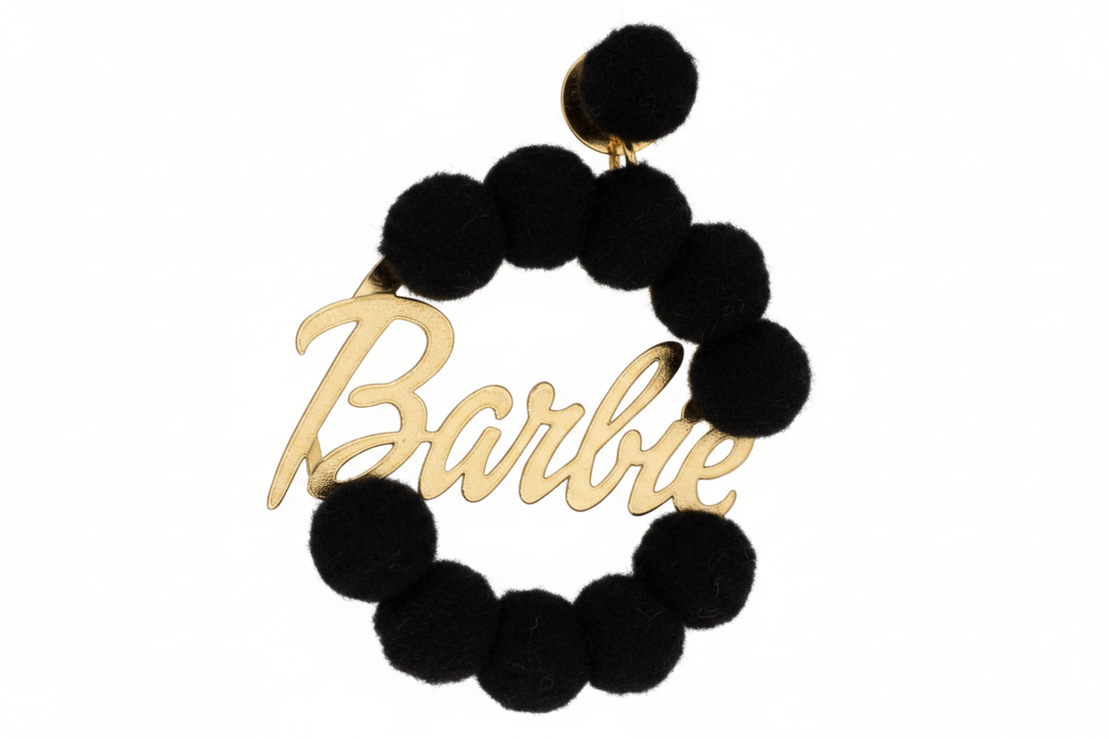 Orecchino Barbie Doppio con Pon Pon Neri – Ottone placcato oro 24kt | Nuage d'Etoiles
