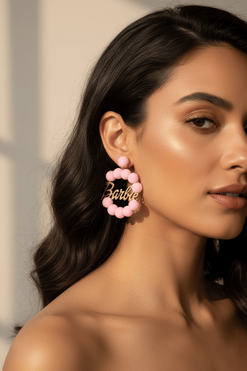Orecchino Barbie Doppio con Pon Pon rosa - indossati  – Ottone placcato oro 24kt | Nuage d'Etoiles