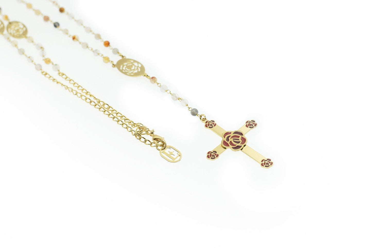 Collana Rosario con croce e rose