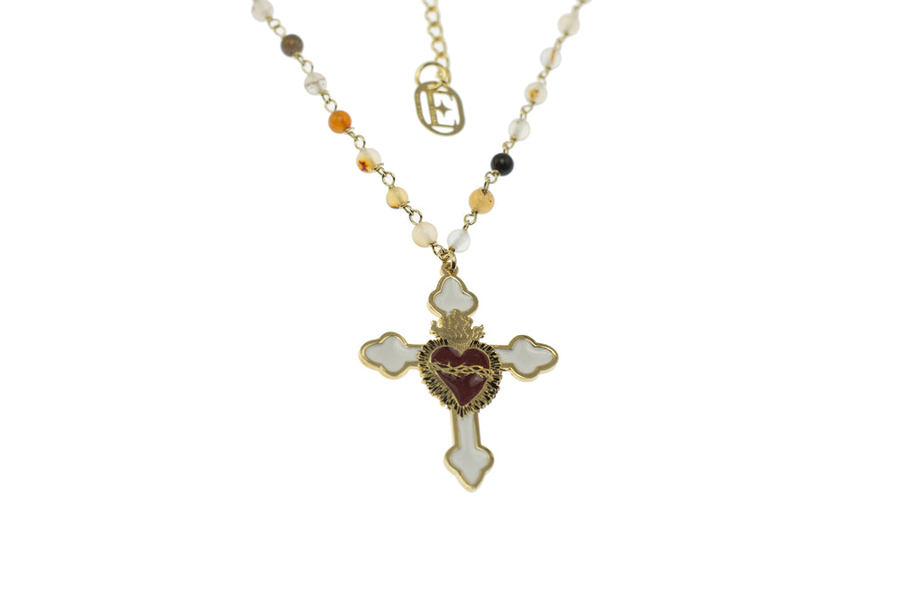 Collana Rosario + croce bianca con sacro cuore