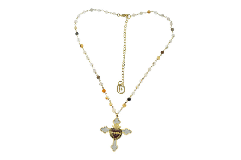 Collana Rosario + croce bianca con sacro cuore