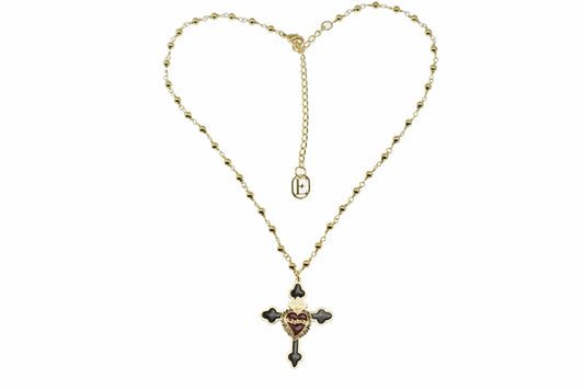 Collana Rosario + croce nera con sacro cuore