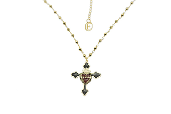 Collana Rosario + croce nera con sacro cuore