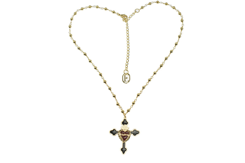 Collana Rosario + croce nera con sacro cuore