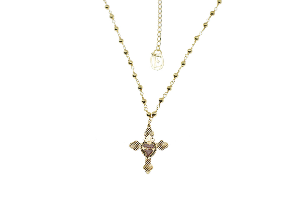 Collana Rosario (42cm) + croce reticolo con sacro cuore