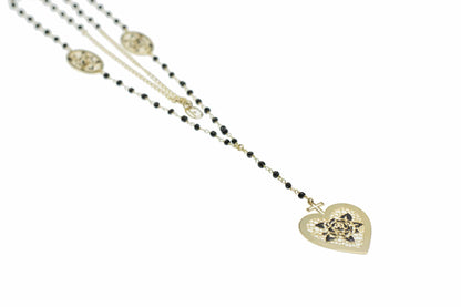 Collana Rosario + cuore con rosa nera