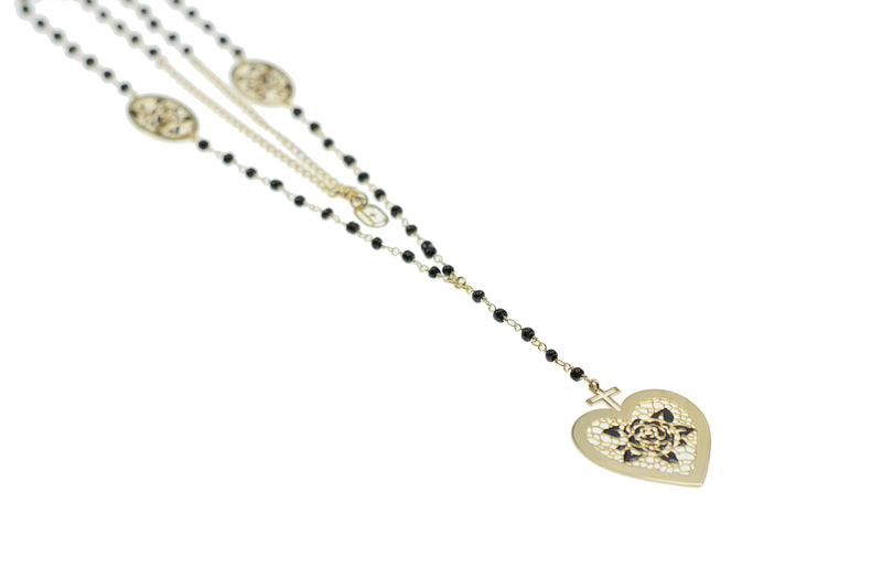 Collana Rosario + cuore con rosa nera