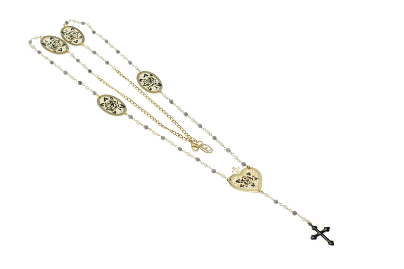 Collana Rosario + cuore con rosa nera + maglie con rosa